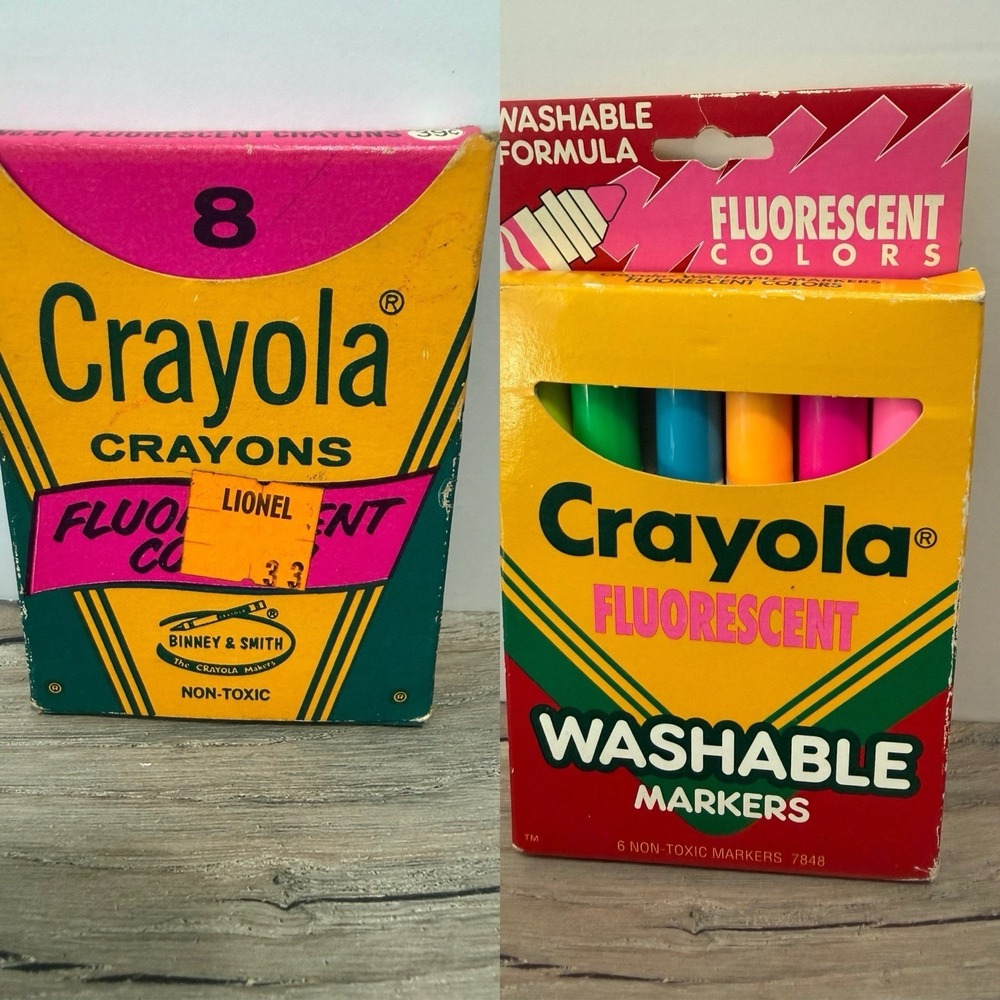 Vintage Binney & Smith Crayola Fluorescent Crayons 8 Count Box Markers 6 Count